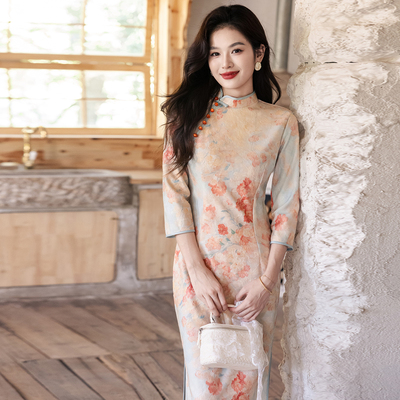 新中式改良黄色长袖绝美旗袍优雅