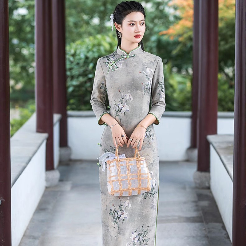 复古民国风长袖气质高端连衣裙
