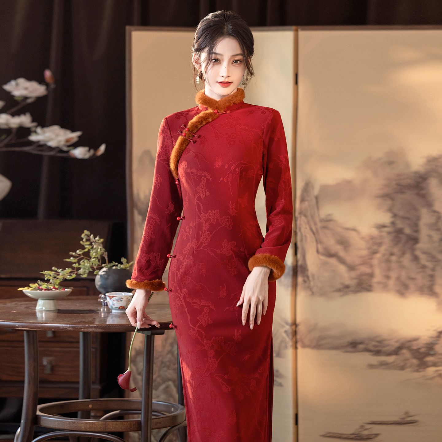 红色冬款长袖加绒加厚新娘敬酒服