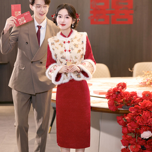 红色冬装拜年服马甲套装新中式旗袍2025新款保暖拜年服新年战袍
