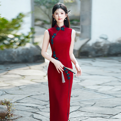 红色新中式无袖敬酒服订婚礼服裙