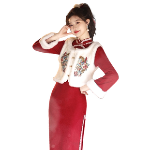 红色旗袍2026龙年拜年服女大人过年唐装新年战袍马甲套装喜庆女装