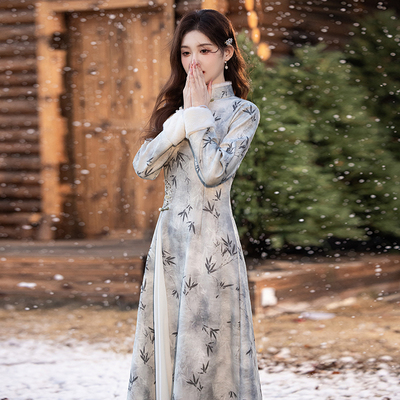 年轻款新式冬季长袖加厚奥黛旗袍