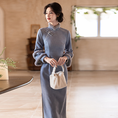 年轻款保暖毛绒领倒大袖加厚旗袍