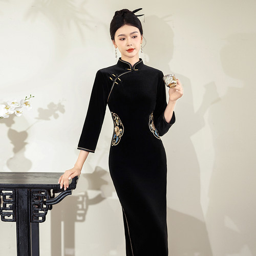 黑色复古民国风丝绒老上海连衣裙