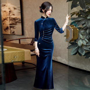 斜襟连衣裙 复古风气质高端短袖 宝蓝长款 金丝绒鱼尾旗袍2025年新款
