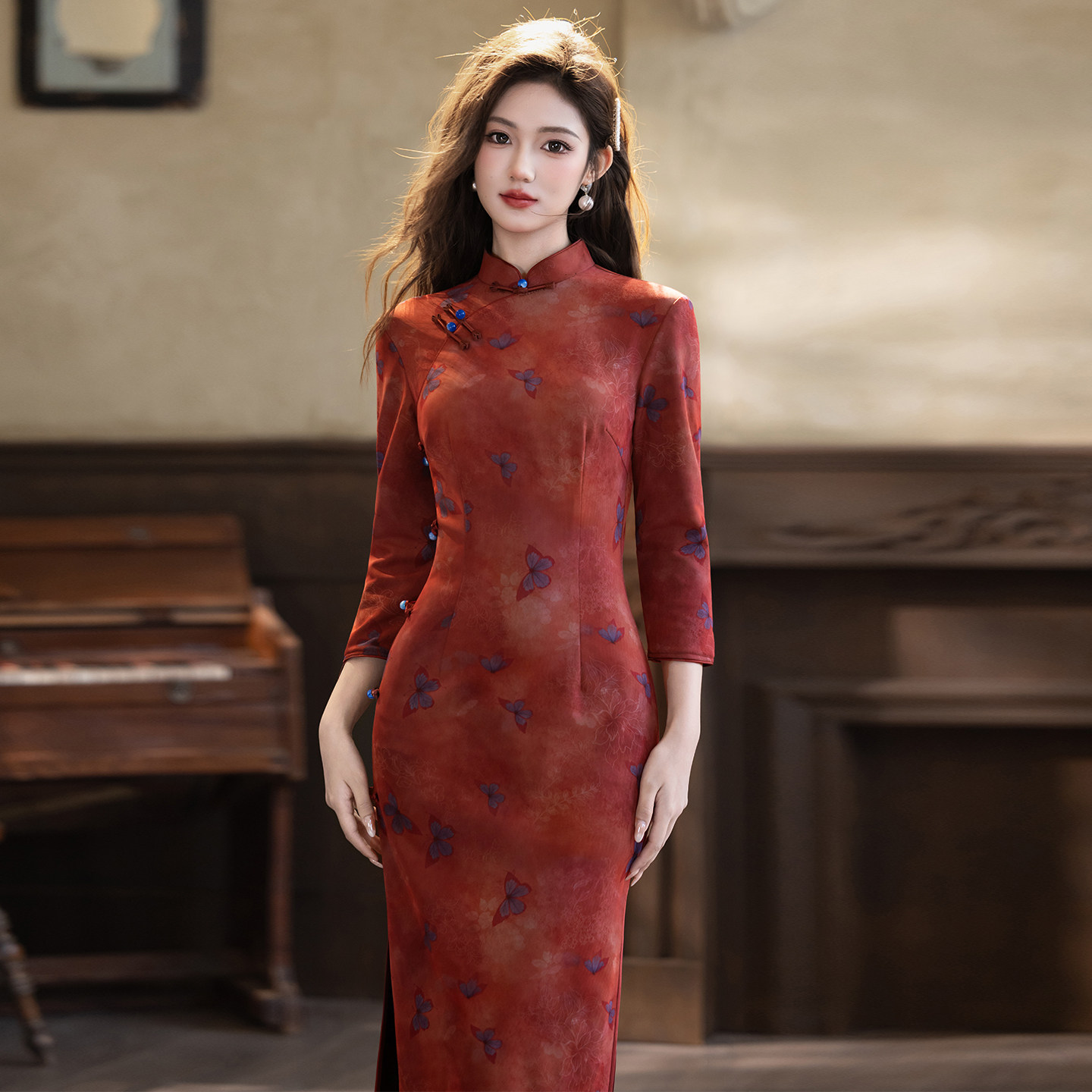 红色新中式复古长袖敬酒服旗袍裙图片