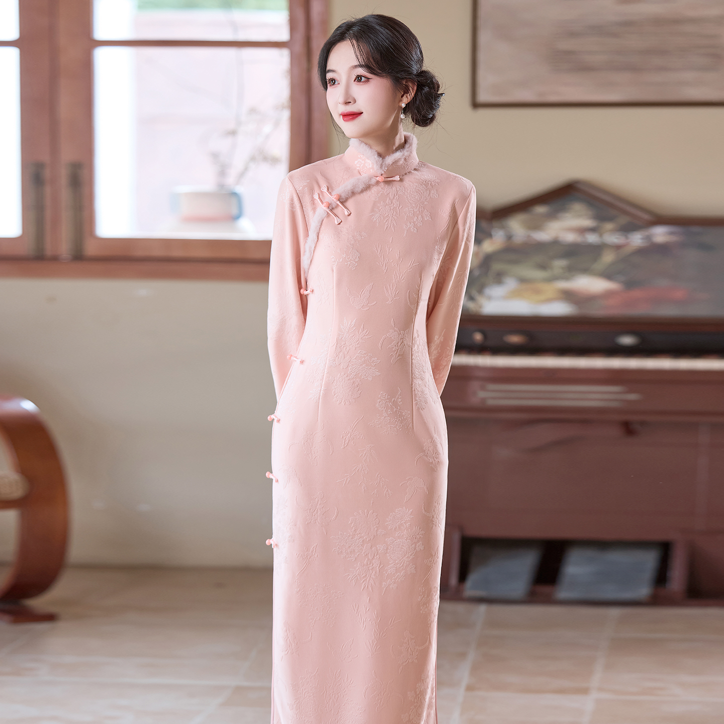 粉色冬装旗袍长袖加绒加厚连衣裙