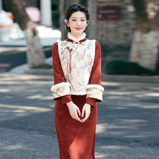 新中式 红色订婚回门答谢宴礼服拜年服 新娘敬酒服旗袍马甲小袄套装