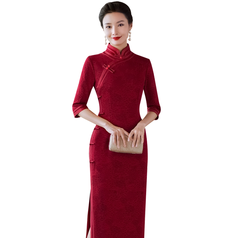 红色喜婆婆婚宴装平时可穿中长袖长款结婚礼服新娘妈妈旗袍连衣裙