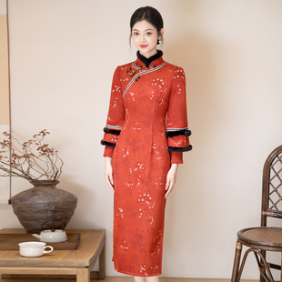 红色复古国风新中式长袖加绒加厚冬款旗袍2026新款毛绒领保暖冬装