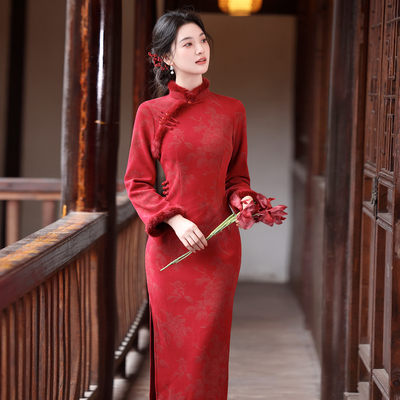 红色旗袍敬酒服复古风拜年服战袍