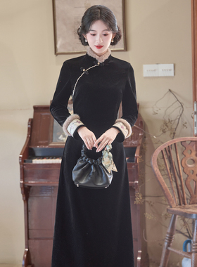 黑色复古风新中式长袖加绒加厚冬款旗袍2025新款毛领保暖遮肚显瘦