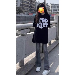 灰色喇叭裤女高腰春秋2025新款学生小个子百搭韩版微喇牛仔裤显瘦