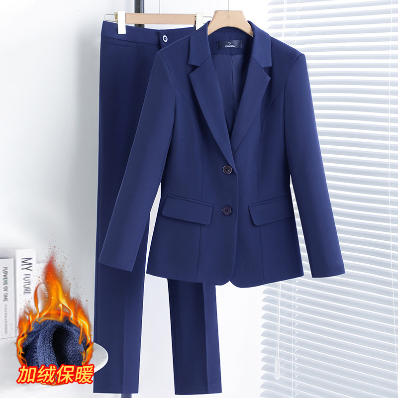 蓝色加绒西装外套女2025新款冬季职业酒店前台银行工作服西服套装