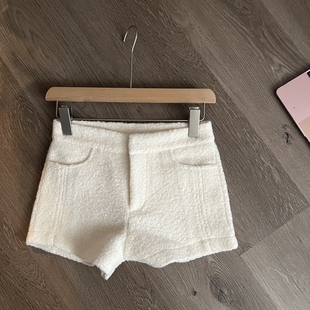 子 显瘦百搭辣妹休闲直筒包臀热裤 白色高腰毛呢短裤 女秋冬2025新款