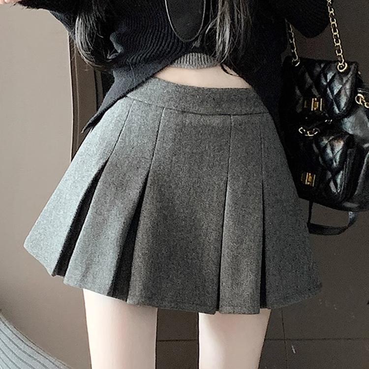 灰色毛呢半身裙女秋冬2025新款高腰防走光小个子a字包臀百褶短裙