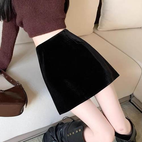 黑色高端秋冬a字金丝绒半身裙