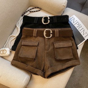 设计感显瘦a字直筒热裤 女秋冬2025新款 子 休闲短裤 咖色麂皮绒工装