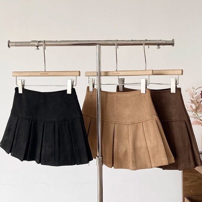 美式复古麂皮绒百褶裙女秋冬新款高腰显瘦辣妹气质百搭a字短裙