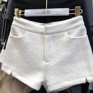 子 百搭外穿辣妹通勤直筒阔腿包臀热裤 简约白色毛呢短裤 女秋冬新款