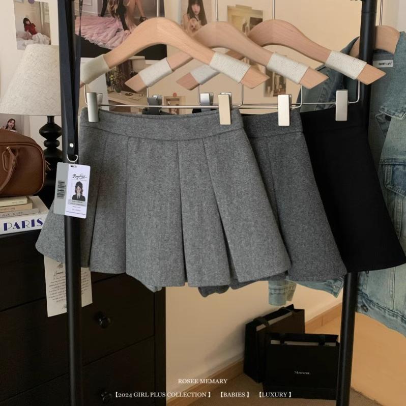 灰色加厚毛呢半身裙女秋冬2025新款防走光显瘦高腰百褶a字短裙子