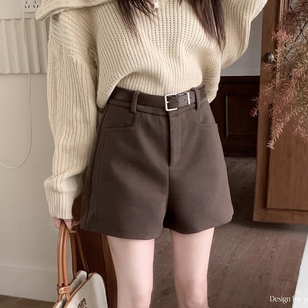 复古咖色毛呢高腰休闲短裤女秋冬新款辣妹百搭宽松显瘦直筒裤短裤