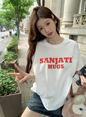 Sanjati crane基础logo两色美式宽松休闲短袖国潮男女情侣同款T恤