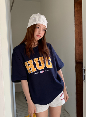 Sanjati猫爪贴布绣短袖宽松ins风美式复古上衣圆领亲肤男女潮