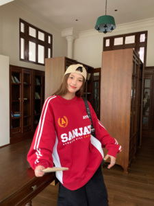 Sanjati crane美式麦穗logo红色加绒圆领卫衣上衣情侣男女潮休闲