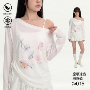 莱赛尔凉感白色斜肩长袖 春暖花开轻薄罩衫 女t恤上衣 26SS SANJATI