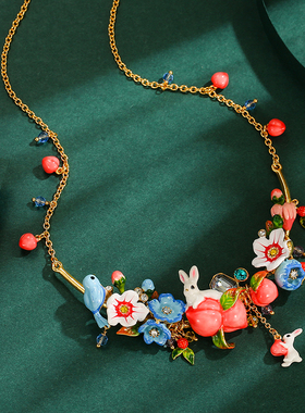 水蜜桃花朵小鸟兔子流苏项链珐琅