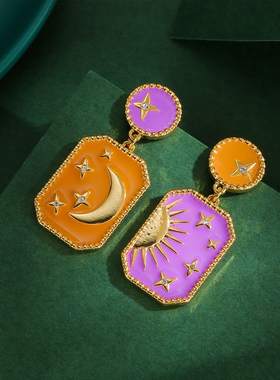 欧美个性设计时尚珐琅彩水晶紫色太阳星星月亮不对称耳钉耳环耳饰