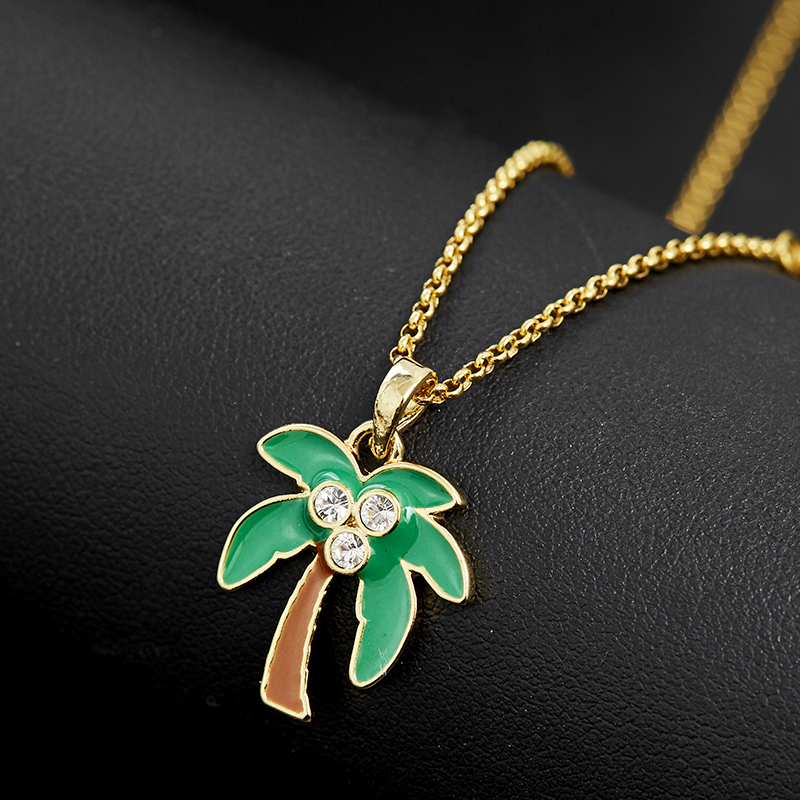 森系小众设计珐琅彩皇冠水晶绿色椰子树项链时尚百搭绿植锁骨链女
