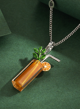 珐琅立体柠檬橙汁吸管杯吊坠项链