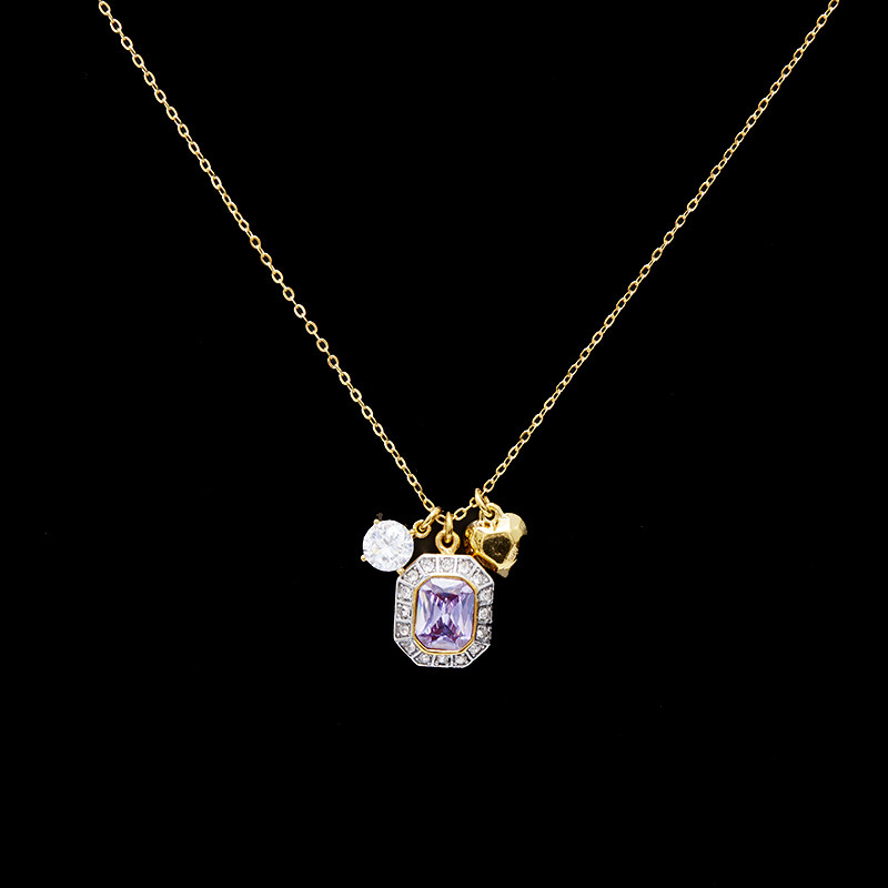 boshuolin juicy长款项链 时尚方形紫色水晶宝石爱心坠拉珠毛衣链