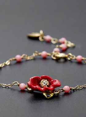 水晶珐琅彩手链红色花朵芍药手饰