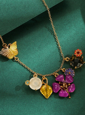 金属蝴蝶紫色花朵宝石流苏项链女