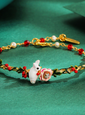 粉色水晶花朵珍珠兔子森系手链女