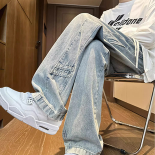 【于适同款】BONELESS牛仔裤男士秋冬美式复古直筒裤宽松阔腿裤潮