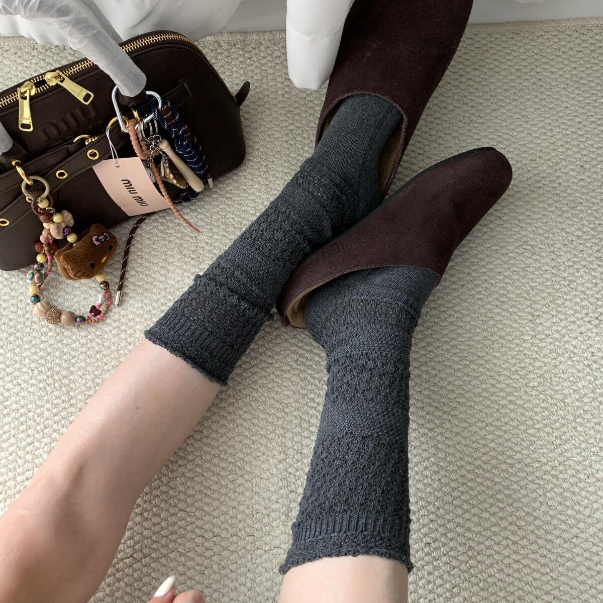 2025秋冬新款针织叠穿中筒袜甜美百搭镂空堆堆袜直播同款小腿袜