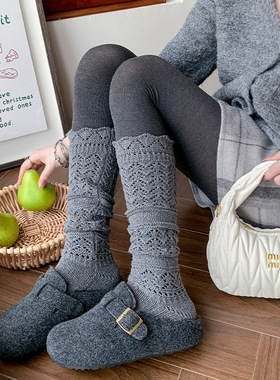 靴尚棉浮雕镂空小腿袜女保暖针织复古灰色重工长筒秋冬堆堆