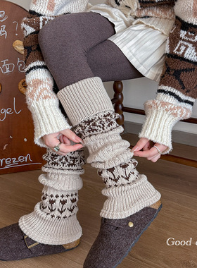 靴尚棉袜套女秋冬费尔岛森系堆堆袜保暖加厚复古灰色菱形小腿腿套