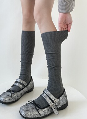 日系JK袜子奶白竖条纹小腿袜春秋显瘦压力堆堆袜灰色棉薄款中筒