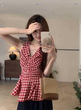 SUNNY复古红色格子v领无袖背心女外穿设计感小众辣妹收腰