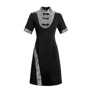 夏季新款国风中式旗袍设计提花拼接立体剪裁修身线条短A字连衣裙