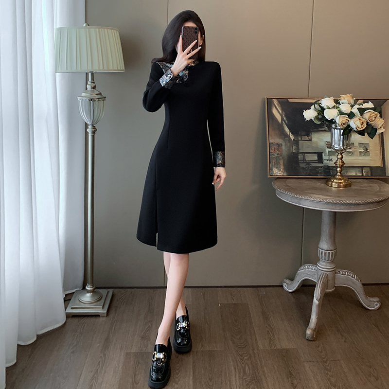 国风优雅提花修身黑色旗袍连衣裙