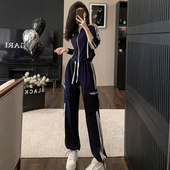 阔腿裤 高级感洋气休闲运动风套装 两件套潮 韩式 短款 女秋季 新款