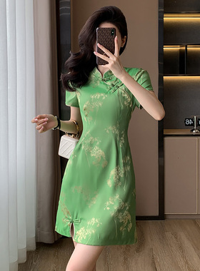 绿色新中式连衣裙女夏季新款高级感绝美气质显瘦提花国风改良旗袍