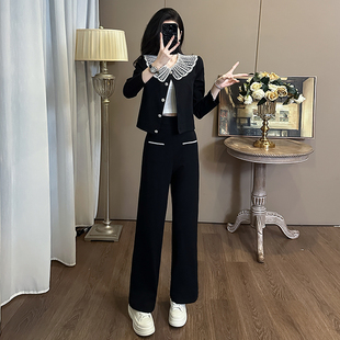 2024秋冬高级蕾丝拼接黑色短小香风外套上衣阔腿裤两件套时尚套装